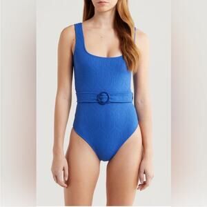Farm Rio Blue Matelasse Pineapple Belted One-Piece Swimsuit M